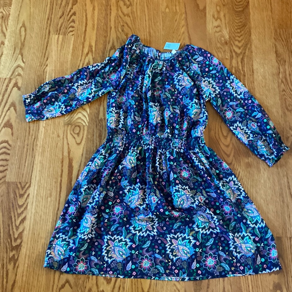Navy blue floral dress.